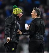 22 February 2020; Donegal manager Declan Bonner protests to referee Maurice Deegan during the Allianz Football League Division 1 Round 4 match between Dublin and Donegal at Croke Park in Dublin. Photo by Eóin Noonan/Sportsfile