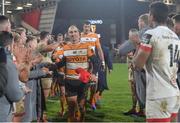 22 February 2020; Former Ulster player Ruan Pienaar of Toyota Cheetahs takes the applause of the Ulster players after the Guinness PRO14 Round 12 match between Ulster and Toyota Cheetahs at Kingspan Stadium in Belfast.  Photo by Oliver McVeigh/Sportsfile