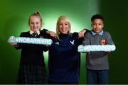 24 February 2020; Republic of Ireland international Stephanie Roche with Millie Murray, age 11, from Scoil Chearbhaill Uí Dhálaigh, Leixlip, Kildare, and Ben Udemba, age 12, from Coolmine Community School, Dublin, at the launch of the The No Barriers 2020 project in FAI Headquarters, Abbotstown, Dublin. The No Barriers 2020 project brings together sport and social action, harnessing the excitement of the UEFA EURO 2020 tournament in primary schools across Ireland. No Barriers 2020 builds up to the UEFA EURO 2020 tournament, encouraging primary schools to use football to inspire social change in their community. This new project brings the excitement and power of football directly to schools in the Republic of Ireland, focusing on Dublin and London as host cities of the tournament. The project is supported by the Football Association of Ireland and the Greater London Authority. Photo by Stephen McCarthy/Sportsfile