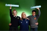 24 February 2020; Republic of Ireland international Stephanie Roche with Millie Murray, age 11, from Scoil Chearbhaill Uí Dhálaigh, Leixlip, Kildare, and Ben Udemba, age 12, from Coolmine Community School, Dublin, at the launch of the The No Barriers 2020 project in FAI Headquarters, Abbotstown, Dublin. The No Barriers 2020 project brings together sport and social action, harnessing the excitement of the UEFA EURO 2020 tournament in primary schools across Ireland. No Barriers 2020 builds up to the UEFA EURO 2020 tournament, encouraging primary schools to use football to inspire social change in their community. This new project brings the excitement and power of football directly to schools in the Republic of Ireland, focusing on Dublin and London as host cities of the tournament. The project is supported by the Football Association of Ireland and the Greater London Authority. Photo by Stephen McCarthy/Sportsfile