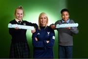 24 February 2020; Republic of Ireland international Stephanie Roche with Millie Murray, age 11, from Scoil Chearbhaill Uí Dhálaigh, Leixlip, Kildare, and Ben Udemba, age 12, from Coolmine Community School, Dublin, at the launch of the The No Barriers 2020 project in FAI Headquarters, Abbotstown, Dublin. The No Barriers 2020 project brings together sport and social action, harnessing the excitement of the UEFA EURO 2020 tournament in primary schools across Ireland. No Barriers 2020 builds up to the UEFA EURO 2020 tournament, encouraging primary schools to use football to inspire social change in their community. This new project brings the excitement and power of football directly to schools in the Republic of Ireland, focusing on Dublin and London as host cities of the tournament. The project is supported by the Football Association of Ireland and the Greater London Authority. Photo by Stephen McCarthy/Sportsfile