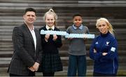 24 February 2020; Former Republic of Ireland international and current FAI Interim Deputy Chief Executive Niall Quinn, Republic of Ireland international Stephanie Roche with Millie Murray, age 11, from Scoil Chearbhaill Uí Dhálaigh, Leixlip, Kildare, and Ben Udemba, age 12, from Coolmine Community School, Dublin, at the launch of the The No Barriers 2020 project in FAI Headquarters, Abbotstown, Dublin. The No Barriers 2020 project brings together sport and social action, harnessing the excitement of the UEFA EURO 2020 tournament in primary schools across Ireland. No Barriers 2020 builds up to the UEFA EURO 2020 tournament, encouraging primary schools to use football to inspire social change in their community. This new project brings the excitement and power of football directly to schools in the Republic of Ireland, focusing on Dublin and London as host cities of the tournament. The project is supported by the Football Association of Ireland and the Greater London Authority. Photo by Stephen McCarthy/Sportsfile