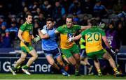 22 February 2020; Colm Basquel of Dublin in action against, from left, Eoin McHugh, Michael Murphy and Peadar Mogan of Donegal during the Allianz Football League Division 1 Round 4 match between Dublin and Donegal at Croke Park in Dublin. Photo by Sam Barnes/Sportsfile