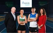 25 February 2020; In attendance, from left are, Hamish Adams, CEO Athletics Ireland, Ciara Neville of Emerald AC, Limerick, Marcus Lawler of St. L. O'Toole AC, Carlow, and Liz Rowen, Head of Marketing of Irish Life Health during the Irish Life Health National Senior Indoor Championships Launch 2020 at National Indoor Arena on the Sport Ireland National Sports Campus in Abbotstown, Dublin. Photo by David Fitzgerald/Sportsfile