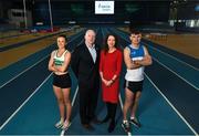 25 February 2020; In attendance, from left are, Ciara Neville of Emerald AC, Limerick, Hamish Adams, CEO Athletics Ireland, Liz Rowen, Head of Marketing of Irish Life Health and Marcus Lawler of St. L. O'Toole AC, Carlow, during the Irish Life Health National Senior Indoor Championships Launch 2020 at National Indoor Arena on the Sport Ireland National Sports Campus in Abbotstown, Dublin. Photo by David Fitzgerald/Sportsfile