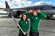 26 February 2020; The Olympic Federation of Ireland will fly athletes in business class to the Olympic Games in Tokyo with Qatar Airways. With less than five months left until the Opening Ceremony in Tokyo, the composition of Team Ireland is starting to take real shape. Qatar Airways has a 5 star rating by Skytrax, which also awarded the airline 'World's Best Business Class'. Athletes will benefit from the full lie flat beds and catering to suit their nutritional routine. The mood lighting will adjust the athletes' body clock to the Tokyo time zone and the cabin is pressureised to a lower altitude which equates to more oxygen and less travel fatigue. In attendance at the announcement are Hockey player Anna O'Flanagan and swimmer Darragh Greene. Photo by Brendan Moran/Sportsfile