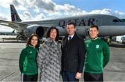 26 February 2020; The Olympic Federation of Ireland will fly athletes in business class to the Olympic Games in Tokyo with Qatar Airways. With less than five months left until the Opening Ceremony in Tokyo, the composition of Team Ireland is starting to take real shape. Qatar Airways has a 5 star rating by Skytrax, which also awarded the airline 'World's Best Business Class'. Athletes will benefit from the full lie flat beds and catering to suit their nutritional routine. The mood lighting will adjust the athletes' body clock to the Tokyo time zone and the cabin is pressureised to a lower altitude which equates to more oxygen and less travel fatigue. In attendance at the announcement are, from left, hockey player Anna O'Flanagan, Team Ireland Chef de Mission Tricia Heberle, Olympic Federation of Ireland CEO Peter Sherrard and swimmer Darragh Greene. Photo by Brendan Moran/Sportsfile