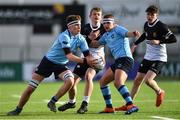 26 February 2020; Dáire Lydon of St Michael's College gathers possession ahead of team-mate Tom Stewart and Adam Larkin-Smithers and Stephen Menton, right, of Newbridge College during the Bank of Ireland Leinster Schools Junior Cup Second Round match between St Michael’s College and Newbridge College at Energia Park in Dublin. Photo by Piaras Ó Mídheach/Sportsfile