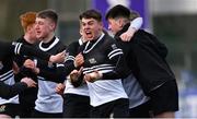 26 February 2020; Michael Collins of Newbridge College, centre, celebrates scoring the winning penalty with team-mates after the Bank of Ireland Leinster Schools Junior Cup Second Round match between St Michael’s College and Newbridge College at Energia Park in Dublin. Photo by Piaras Ó Mídheach/Sportsfile