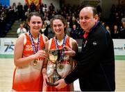 27 February 2020; Joint captains Sarah Fleming, left, and Amy Byrne of Scoil Chriost Rí, Portloise being presented with the cup by PJ Reidy of the Post Primary Schools Committee of Basketball Ireland following the Basketball Ireland All-Ireland Schools U19A Girls League Final between Scoil Chríost Rí, Portlaoise and Loreto Dalkey at National Basketball Arena in Dublin. Photo by Eóin Noonan/Sportsfile