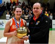 27 February 2020; Sarah Fleming of Scoil Chriost Rí, Portloise being presented with the MVP award by PJ Reidy of the Post Primary Schools Committee of Basketball Ireland following the Basketball Ireland All-Ireland Schools U19A Girls League Final between Scoil Chríost Rí, Portlaoise and Loreto Dalkey at National Basketball Arena in Dublin. Photo by Eóin Noonan/Sportsfile