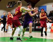 27 February 2020; Tom Kavangah of Skibbereen Community School in action against Tutvydas Danieluius of De La Salle Churchtown during the Basketball Ireland All-Ireland Schools U16C Boys League Final between De La Salle Churchtown and Skibbereen CS at National Basketball Arena in Dublin. Photo by Eóin Noonan/Sportsfile