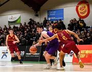 27 February 2020; Tom Kavangah of Skibbereen Community School in action against Aoamy Elsayed of De La Salle Churchtown during the Basketball Ireland All-Ireland Schools U16C Boys League Final between De La Salle Churchtown and Skibbereen CS at National Basketball Arena in Dublin. Photo by Eóin Noonan/Sportsfile