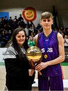 27 February 2020; Eividas Andrekius of Skibbereen Community School is presented with the MVP award by Louise O'Loughlin of Basketball Ireland following the Basketball Ireland All-Ireland Schools U16C Boys League Final between De La Salle Churchtown and Skibbereen CS at National Basketball Arena in Dublin. Photo by Eóin Noonan/Sportsfile