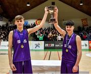 27 February 2020; Joint captains Eividas Andrekius, left, and Stevie Redmond of Skibbereen Community School lifting the cup following the Basketball Ireland All-Ireland Schools U16C Boys League Final between De La Salle Churchtown and Skibbereen CS at National Basketball Arena in Dublin. Photo by Eóin Noonan/Sportsfile