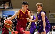 27 February 2020; Daniel Harris of De La Salle Churchtown in action against Dylan Hourihan of Skibbereen Community School during the Basketball Ireland All-Ireland Schools U16C Boys League Final between De La Salle Churchtown and Skibbereen CS at National Basketball Arena in Dublin. Photo by Eóin Noonan/Sportsfile