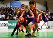 27 February 2020; Dylan Hourihan of Skibbereen Community School in action against Aoamy Elsayed of De La Salle Churchtown during the Basketball Ireland All-Ireland Schools U16C Boys League Final between De La Salle Churchtown and Skibbereen CS at National Basketball Arena in Dublin. Photo by Eóin Noonan/Sportsfile