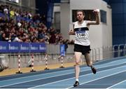 1 March 2020; John Travers of Donore Harriers, Dublin, celebrates on his way to winning the Senior Men's 3000m event during Day Two of the Irish Life Health National Senior Indoor Athletics Championships at the National Indoor Arena in Abbotstown in Dublin. Photo by Sam Barnes/Sportsfile