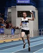 1 March 2020; John Travers of Donore Harriers, Dublin, celebrates on his way to winning the Senior Men's 3000m event during Day Two of the Irish Life Health National Senior Indoor Athletics Championships at the National Indoor Arena in Abbotstown in Dublin. Photo by Sam Barnes/Sportsfile