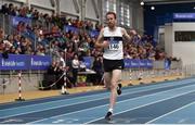 1 March 2020; John Travers of Donore Harriers, Dublin, crosses the line to win the Senior Men's 3000m event during Day Two of the Irish Life Health National Senior Indoor Athletics Championships at the National Indoor Arena in Abbotstown in Dublin. Photo by Sam Barnes/Sportsfile