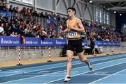 1 March 2020; Darragh McElhinney of UCD AC, Dublin, crosses the line to finish third in the Senior Men's 3000m event during Day Two of the Irish Life Health National Senior Indoor Athletics Championships at the National Indoor Arena in Abbotstown in Dublin. Photo by Sam Barnes/Sportsfile