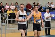 1 March 2020; John Travers of Donore Harriers, Dublin, left, shakes hands with Darragh McElhinney of UCD AC, Dublin, after winning the Senior Men's 3000m event during Day Two of the Irish Life Health National Senior Indoor Athletics Championships at the National Indoor Arena in Abbotstown in Dublin. Photo by Sam Barnes/Sportsfile