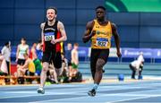 1 March 2020; Israel Olatunde of UCD AC, Dublin, right, and David McDonald of Menapians AC, Wexford, competing in the Senior Men's 60m event during Day Two of the Irish Life Health National Senior Indoor Athletics Championships at the National Indoor Arena in Abbotstown in Dublin. Photo by Sam Barnes/Sportsfile