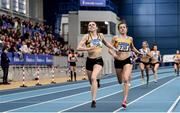 1 March 2020; Louise Shanahan of Leevale AC, Cork, left, on her way to winning the Senior Women's 1500m event, ahead of Ciara Everard of UCD AC, Dublin, during Day Two of the Irish Life Health National Senior Indoor Athletics Championships at the National Indoor Arena in Abbotstown in Dublin. Photo by Sam Barnes/Sportsfile