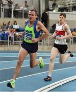 1 March 2020; Shane Healy of Metro/St. Brigid's AC, Dublin, left, competing in the Senior Men's 1500m event during Day Two of the Irish Life Health National Senior Indoor Athletics Championships at the National Indoor Arena in Abbotstown in Dublin. Photo by Sam Barnes/Sportsfile