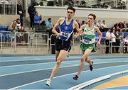 1 March 2020; Andrew Coscoran of Star of the Sea AC, Meath, left, on his way to winning the Senior Men's 1500m event, ahead of Brian Fay of Raheny Shamrock AC, Dublin, during Day Two of the Irish Life Health National Senior Indoor Athletics Championships at the National Indoor Arena in Abbotstown in Dublin. Photo by Sam Barnes/Sportsfile