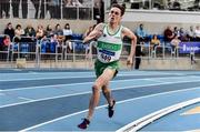 1 March 2020; Brian Fay of Raheny Shamrock AC, Dublin, on his way to finish second in the Senior Men's 1500m during Day Two of the Irish Life Health National Senior Indoor Athletics Championships at the National Indoor Arena in Abbotstown in Dublin. Photo by Sam Barnes/Sportsfile