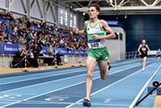 1 March 2020; Brian Fay of Raheny Shamrock AC, Dublin, crosses the line to finish second in the Senior Men's 1500m during Day Two of the Irish Life Health National Senior Indoor Athletics Championships at the National Indoor Arena in Abbotstown in Dublin. Photo by Sam Barnes/Sportsfile