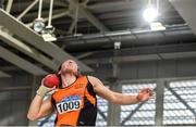 1 March 2020; Dan Finnerty of Nenagh Olympic AC, Tipperary, competing in the Senior Men's Shotput event during Day Two of the Irish Life Health National Senior Indoor Athletics Championships at the National Indoor Arena in Abbotstown in Dublin. Photo by Eóin Noonan/Sportsfile