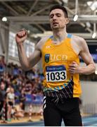 1 March 2020; Mark English of UCD AC, Dublin, celebrates after winning the Senior Men's 800m event during Day Two of the Irish Life Health National Senior Indoor Athletics Championships at the National Indoor Arena in Abbotstown in Dublin. Photo by Sam Barnes/Sportsfile