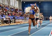 1 March 2020; Nadia Power of Dublin City Harriers AC celebrates as she crosses line to win the Senior Women's 800m event during Day Two of the Irish Life Health National Senior Indoor Athletics Championships at the National Indoor Arena in Abbotstown in Dublin. Photo by Sam Barnes/Sportsfile