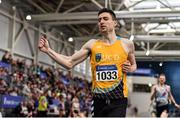 1 March 2020; Mark English of UCD AC, Dublin, celebrates after winning the Senior Men's 800m event during Day Two of the Irish Life Health National Senior Indoor Athletics Championships at the National Indoor Arena in Abbotstown in Dublin. Photo by Sam Barnes/Sportsfile