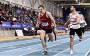 1 March 2020; Cathal Crosbie of Ennis Track AC, Clare, centre, on his way to winning the Senior Men's 400m event, ahead of Andrew Mellon of Crusaders AC, Dublin, during Day Two of the Irish Life Health National Senior Indoor Athletics Championships at the National Indoor Arena in Abbotstown in Dublin. Photo by Sam Barnes/Sportsfile