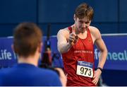 1 March 2020; Cathal Crosbie of Ennis Track AC, Clare, celebrates winning the Senior Men's 400m during Day Two of the Irish Life Health National Senior Indoor Athletics Championships at the National Indoor Arena in Abbotstown in Dublin. Photo by Sam Barnes/Sportsfile