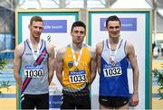 1 March 2020; Senior Men's 800m medalists, from left, Zak Curran of Dundrum South Dublin AC, Mark English of UCD AC, Dublin and Conor Duncan of Ratoath AC, Meath during Day Two of the Irish Life Health National Senior Indoor Athletics Championships at the National Indoor Arena in Abbotstown in Dublin. Photo by Eóin Noonan/Sportsfile