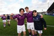 2 March 2020; Clongowes Wood College players, from left, Rory Morrin, Peter Maher and George Fitzpatrick following the Bank of Ireland Leinster Schools Senior Cup Semi-Final between Clongowes Wood College and St Vincent’s, Castleknock College, at Energia Park in Donnybrook, Dublin. Photo by Ramsey Cardy/Sportsfile