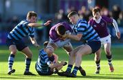 2 March 2020; Diarmuid McCormack of Clongowes Wood College is tackled by Conor Duggan, left, and Fionn Gibbons of St Vincent’s, Castleknock College, during the Bank of Ireland Leinster Schools Senior Cup Semi-Final between Clongowes Wood College and St Vincent’s, Castleknock College, at Energia Park in Donnybrook, Dublin. Photo by Ramsey Cardy/Sportsfile
