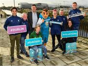 4 March 2020; FAI Interim Deputy CEO Niall Quinn joined ex Republic of Ireland Women’s international Olivia O’Toole as well as representatives from the UEFA EURO 2020 volunteers and mascot Skillzy to mark the ‘100 Days To Go’ milestone in Dublin today. Over 1,400 volunteers have already signed up and UEFA EURO 2020 are calling on the general public to be a part of the EURO 2020 City Volunteer Team here: https://euro2020.fai.ie/2020/02/27/be-part-of-euro-2020-city-volunteer-team/. In attendance at the launch is FAI Interim Deputy CEO Niall Quinn, ex Republic of Ireland Women’s international Olivia O’Toole, and official UEFA EURO 2020 mascot Skillzy, pictured alongside UEFA EURO 2020 Volunteers, from left, Yash Nabar, Alan O'Halloran, Kasia Salek, Stephen O'Halloran, Cynthia Rivera and Vito Moloney Burke. Photo by Seb Daly/Sportsfile