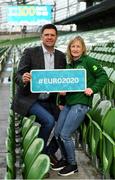 4 March 2020; FAI Interim Deputy CEO Niall Quinn joined ex Republic of Ireland Women’s international Olivia O’Toole as well as representatives from the UEFA EURO 2020 volunteers and mascot Skillzy to mark the ‘100 Days To Go’ milestone in Dublin today. Over 1,400 volunteers have already signed up and UEFA EURO 2020 are calling on the general public to be a part of the EURO 2020 City Volunteer Team here: https://euro2020.fai.ie/2020/02/27/be-part-of-euro-2020-city-volunteer-team/. In attendance at the launch are FAI Interim Deputy CEO Niall Quinn and ex Republic of Ireland Women’s international Olivia O’Toole. Photo by Seb Daly/Sportsfile