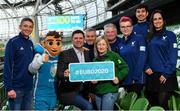 4 March 2020; FAI Interim Deputy CEO Niall Quinn joined ex Republic of Ireland Women’s international Olivia O’Toole as well as representatives from the UEFA EURO 2020 volunteers and mascot Skillzy to mark the ‘100 Days To Go’ milestone in Dublin today. Over 1,400 volunteers have already signed up and UEFA EURO 2020 are calling on the general public to be a part of the EURO 2020 City Volunteer Team here: https://euro2020.fai.ie/2020/02/27/be-part-of-euro-2020-city-volunteer-team/. In attendance at the launch are FAI Interim Deputy CEO Niall Quinn, centre, ex Republic of Ireland Women’s international Olivia O’Toole, and official UEFA EURO 2020 mascot Skillzy, pictured alongside UEFA EURO 2020 Volunteers, from left, Vito Moloney Burke, Stephen O'Halloran, Alan O'Halloran, Kasia Salek, Yash Nabar and Cynthia Rivera. Photo by Seb Daly/Sportsfile
