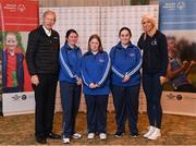 3 March 2020; Special Olympics Team Leinster set their sights on Northern Ireland. Pictured are former GAA commentator Mícheál Ó Muircheartaigh and Republic of Ireland international Stephanie Roche with the Royals Rovers Special Olympics Club athletes, Orla Houlihan, Regina Rattigan and Michelle Murphy at the launch at the Keadeen Hotel in Newbridge, Kildare. Photo by Harry Murphy/Sportsfile