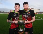 3 March 2020; Dean Kelly, left, and Sean Hurley of IT Carlow celebrate following the Rustlers CFAI Cup Final match between IT Sligo and IT Carlow at Athlone Town Stadium in Athlone, Co Westmeath. Photo by Stephen McCarthy/Sportsfile