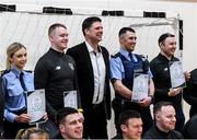 6 March 2020; FAI Interim Deputy Chief Executive Niall Quinn poses with members of An Garda Síochána, Coolock, following a FAI Futsal Introductory Course certificate presentation, at Darndale Belcamp Recreation Centre in Dublin. Photo by Stephen McCarthy/Sportsfile
