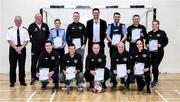 6 March 2020; FAI Interim Deputy Chief Executive Niall Quinn, Jimmy Mowlds, FAI Development Officer, and Gerard Donnelly, An Garda Síochána Superintendent, Coolock, pose with members of An Garda Síochána, Coolock, following a FAI Futsal Introductory Course certificate presentation, at Darndale Belcamp Recreation Centre in Dublin. Photo by Stephen McCarthy/Sportsfile