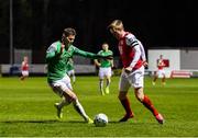 6 March 2020; Chris Forrester of St Patrick's Athletic in action against Charlie Fleming of Cork City during the SSE Airtricity League Premier Division match between St Patrick's Athletic and Cork City at Richmond Park in Dublin. Photo by Seb Daly/Sportsfile