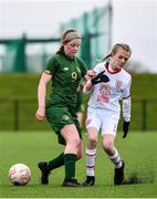 7 March 2020; Katie Law of Republic of Ireland in action against Olivia Lowe of England during the Women's Under-15s John Read Trophy match between Republic of Ireland and England at FAI National Training Centre in Dublin. Photo by Sam Barnes/Sportsfile